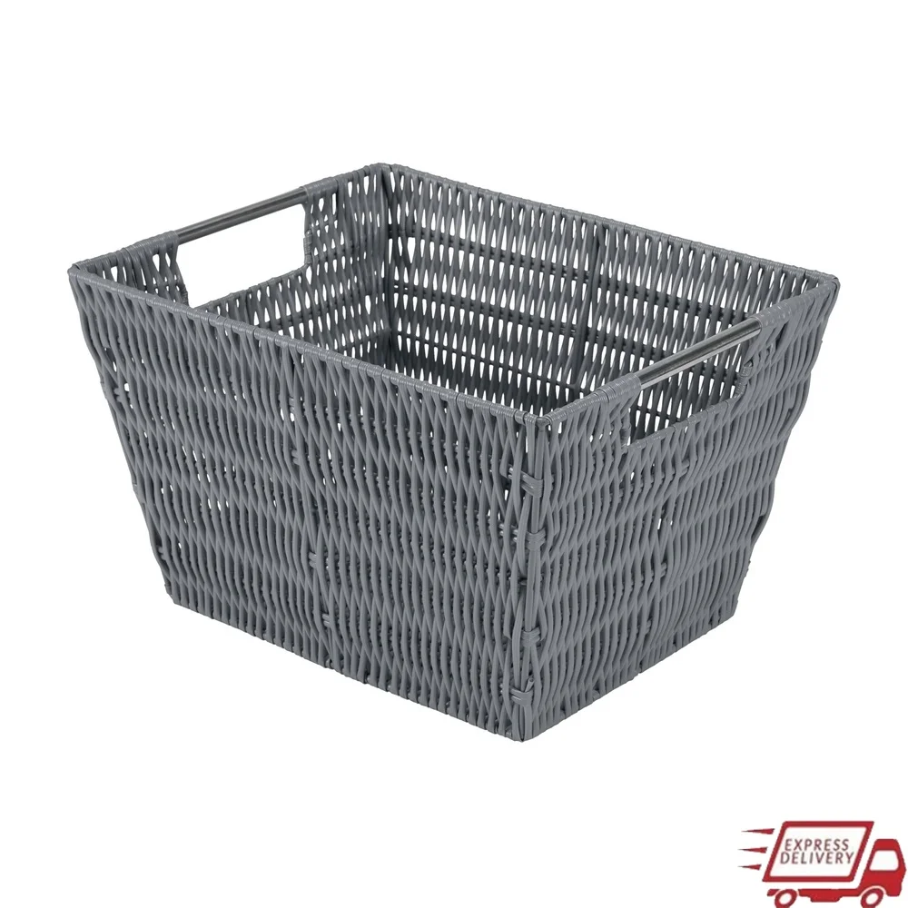 

Medium Charcoal Rattan Storage Basket Durable PE Tote with Iron Frame Stainless Steel Handles Home Office Organization 12x10x8