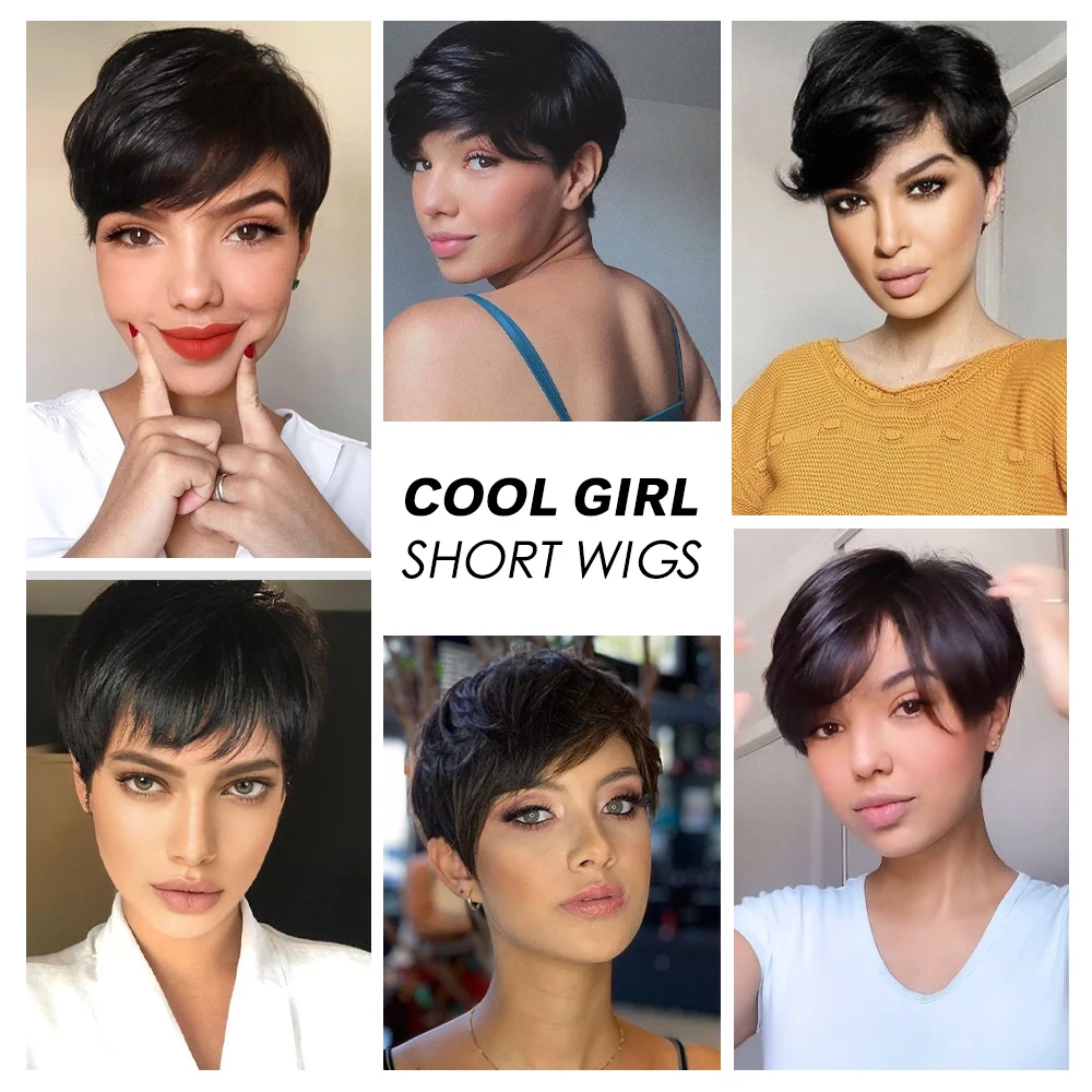 EASIHAIR Short Black Straight Brown Highlight Wigs With Pixie Cut Bangs High-temperature Fiber Synthetic Wigs Cosplay for Women