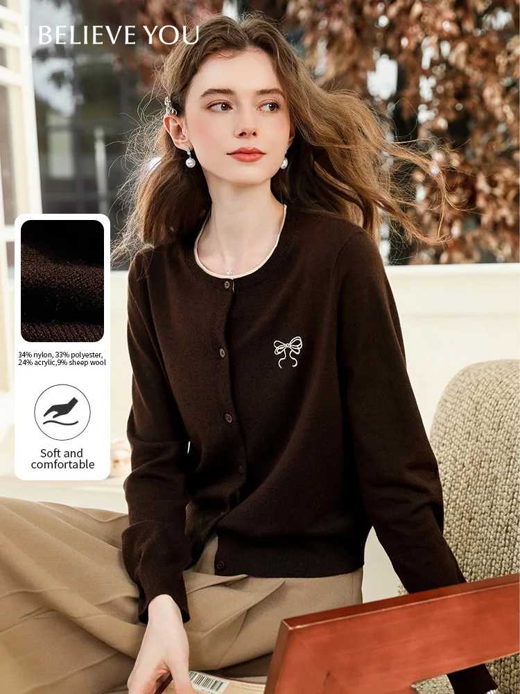 

I BELIEVE YOU Woman Brown Long Sleeves Cardigan 2025 French Elegant Bow Wool Knit Cardigan Office Lady Autumn Clothes 2253146081