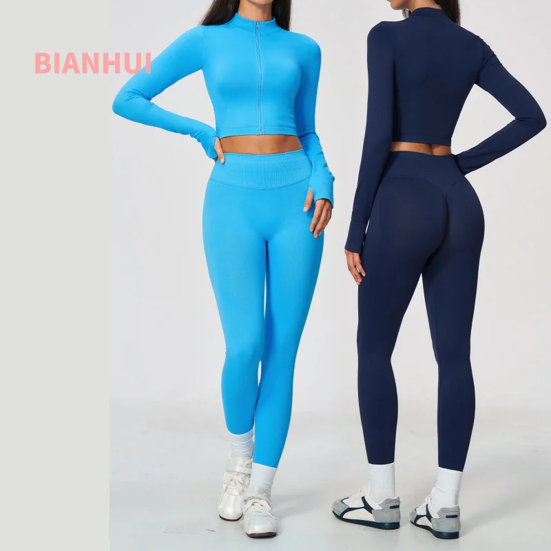 Ladies Tight Fitting 2‑Piece Sports Set Zip Up Stand Collar Cropped Jacket High Waist Leggings Breathable Yoga Workout Suit