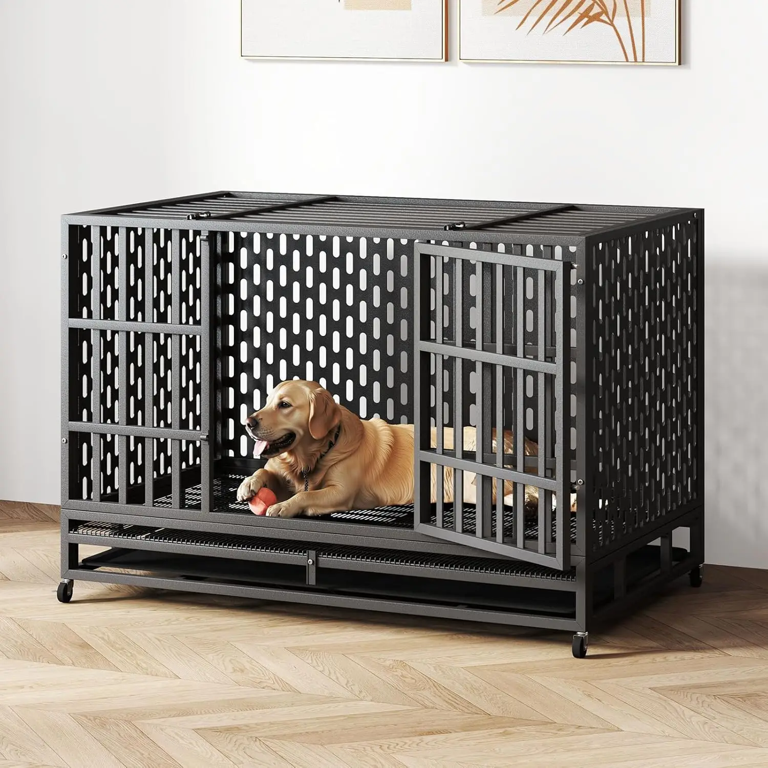 

48/42 Inch Heavy Duty Indestructible XL Dog Crate Steel Escape Proof, Indoor Double Door High Anxiety Cage, Extra Large XXL