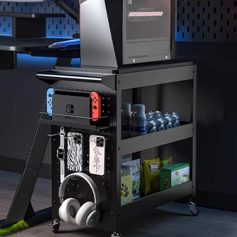 Office Rolling Storage Cart with Pegboard CPU Holder Under Desk Gaming Console Stand Multi-Function Shelf Unit for Accessories
