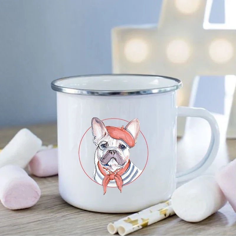 French Bulldog Print Enamel Mug Creative Coffee Cups Drinks Dessert Breakfast Milk Cup Vintage Mugs Handle Drinkware Best Gifts