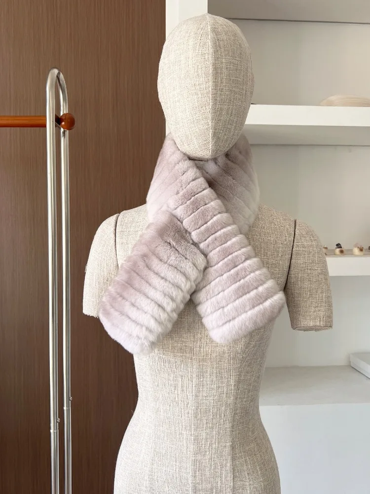 Women Winter Genuine Rex Rabbit Fur Scarf Striped Pull Through Neck Warmer Luxury Soft Natural Real Fur Muffler Scarves