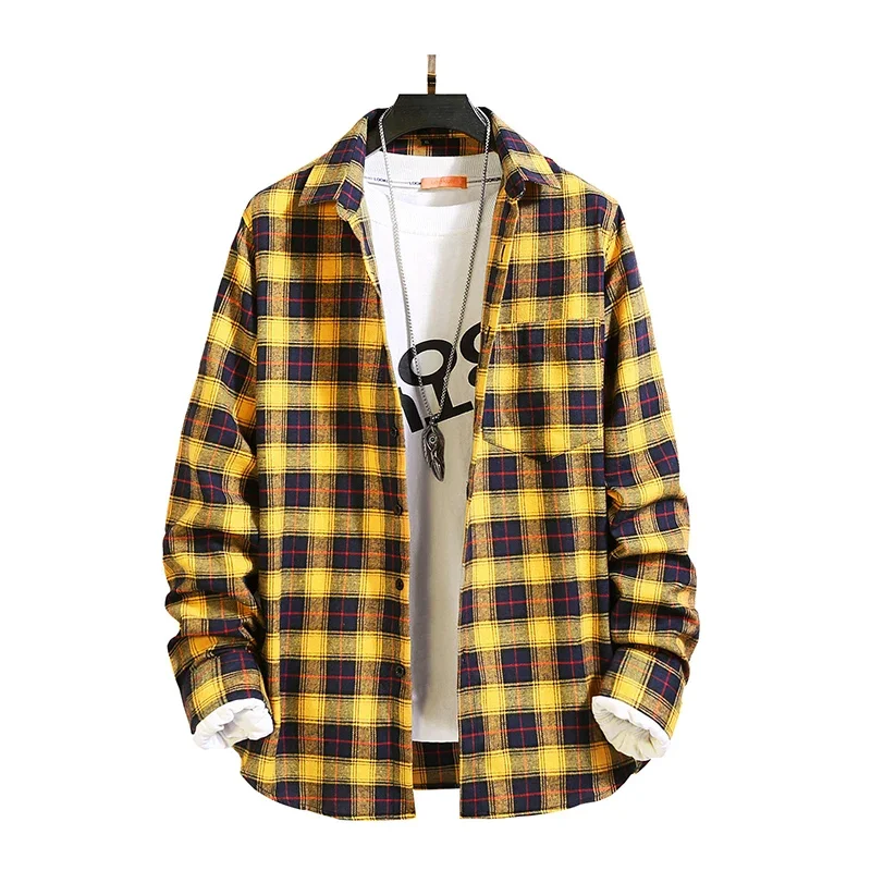 

Retro Plaid Shirt for Men's Casual Pocket Designer Plaid Loose Hip-hop Street Clothing Harajuku Men's Work Shirt