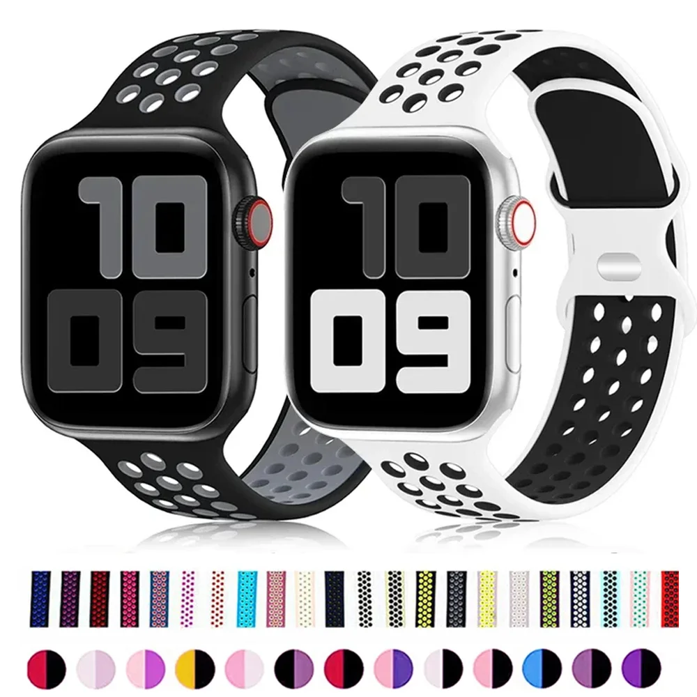 Sport Strap for Apple Watch Band 44mm 40mm 42-38-41mm 45mm Air-hole Silicone Bracelet iWatch Series 9/8/7 6 SE 5 4 Ultra 2 49mm