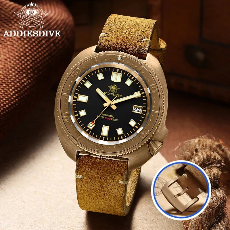

ADDIESDIVE Watches Automatic Waterproof Super Luminous Date Leather Sapphire Glass Bronze Men's Watch Luxury Watches For Men
