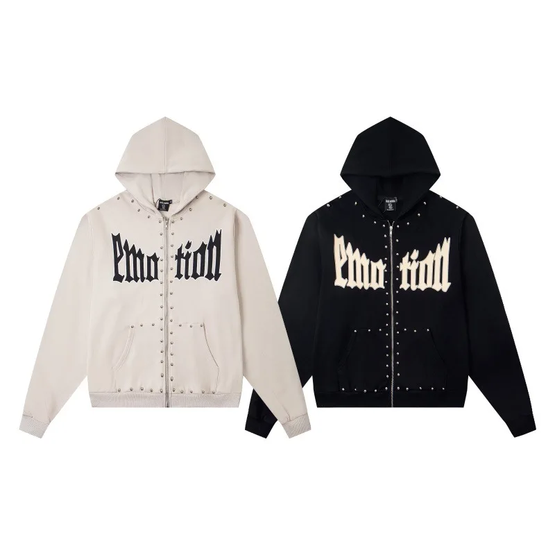 Mixed Emotion - Letterprint Beaded Design High Street Casual Men's and Women's Hooded Jacket