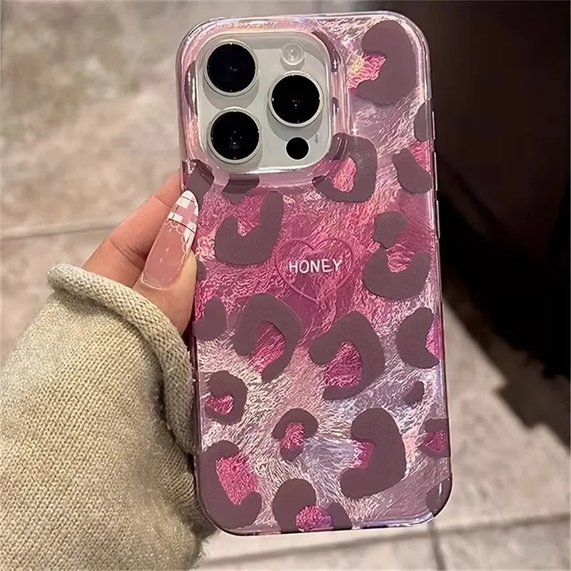 Cute Pink Leopard Print Phone Case for Samsung Galaxy S25 S24 S23 S22 S21 FE Ultra Plus 4G 5G Feather Texture Back Cover