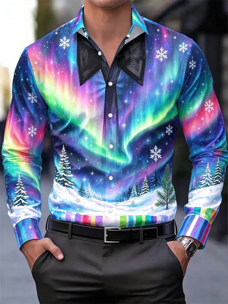 New men's Aurora snow 3D printed long sleeved shirt with dreamy Aurora pine snowflake print collar shirt