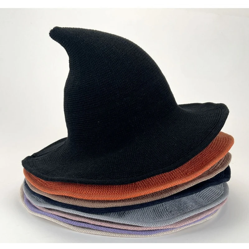 Wide Brim Knit Witch Hat Pointed Tip for Women Halloween Costume Accessory Korean Fashion Autumn Winter Blend Cap