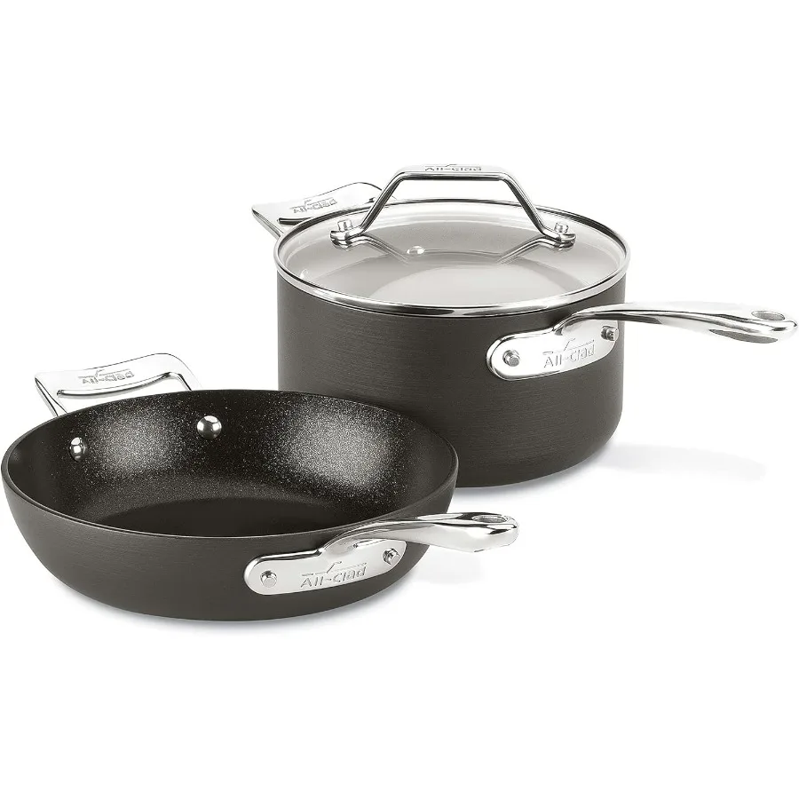 

Набор сковородок для жарки и соуса Essentials с твердым анодированным антипригарным покрытием, 8,5 дюйма, 2,5 литра в духовке, безопасный для бройлеров, 500F, кастрюли и сковороды, черный посуда