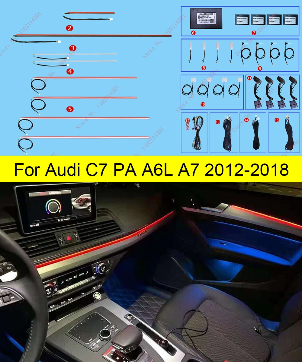 Atmosphere Lamp For Audi A6 A6L C7 A7 2012-2018 Magic 256 Color LED Interior Ambient Light with tweeter speaker screen control