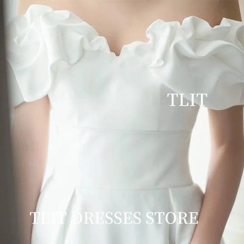 TLIT فستان زفاف بسيط من الساتان الأبيض ثنيات قبالة الكتف زي العرائس كوريا فستان الزفاف صور تبادل لاطلاق النار حسب الطلب ستنسدريس