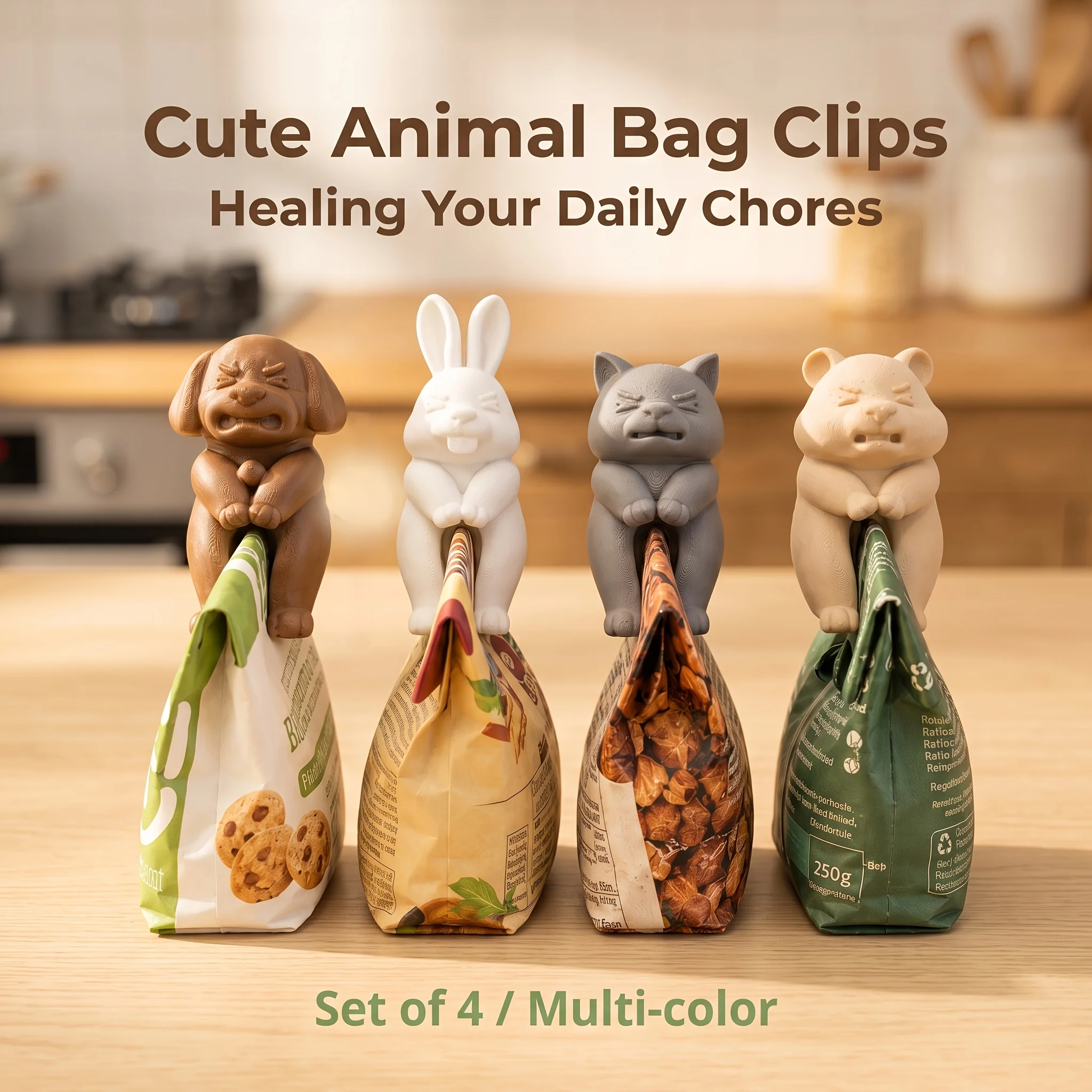 A Set of Four Adorable Animal-shaped Bag Sealing Clips,Perfect for Keeping Your Coffee,Cereal,Candy,and Snack Bags TightlySealed
