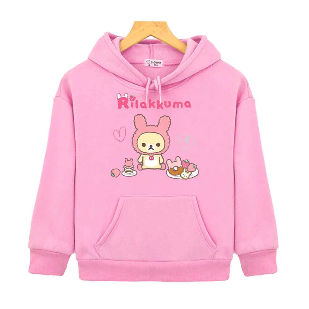 Rilakkuma Cute Bear Pink Strawberry Donuts Clothing Sweet Girls Baby Kids Hoodies Anime Windproof Anti Bacterial Daily Pullovers