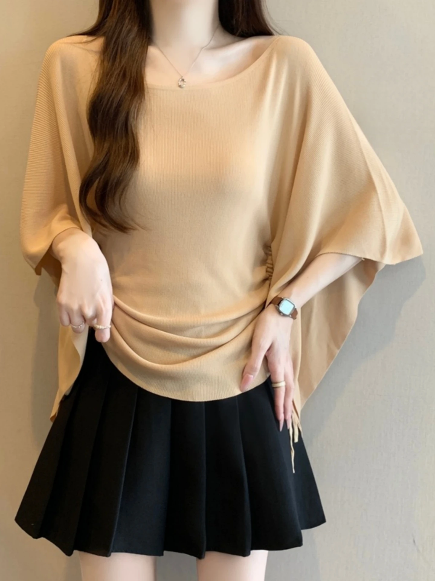 Women's Ice Silk Knitted Sun Protection Shirt Half Sleeve Drawstring Waist Design Slimming Effect Summer Thin Large Size Top