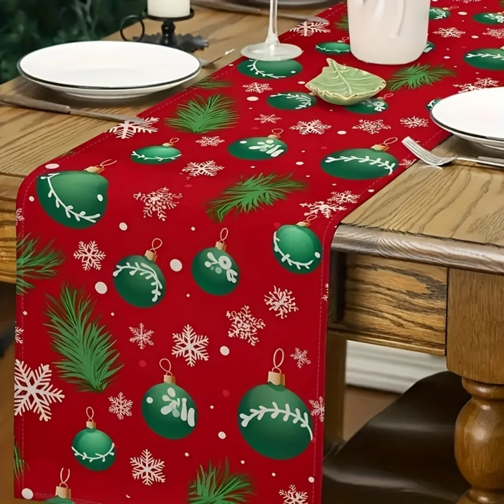Christmas Pine Needle Red Ball Linen Table Runner, Atmosphere Accent Table Runner, Holiday Living Room & Dining Table Decor