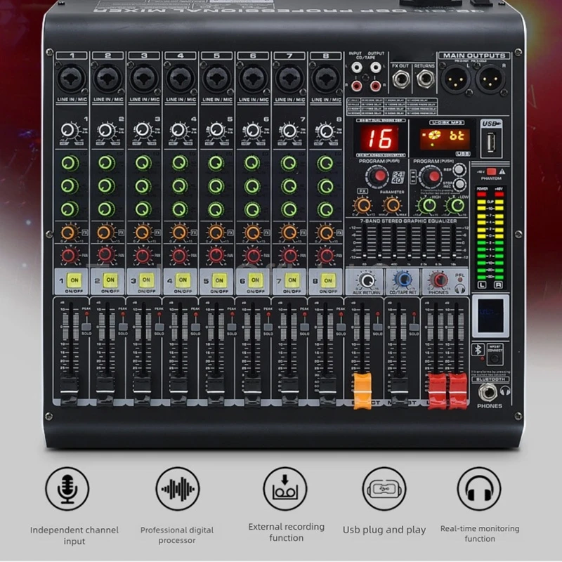 4/6/8/12 Channel Audio Mixer 5.0 Bluetooth 48V Phantom Power DSP Mixing Console 7 Band EQ Sound Box XLR/USB/TRS For DJ Karaoke