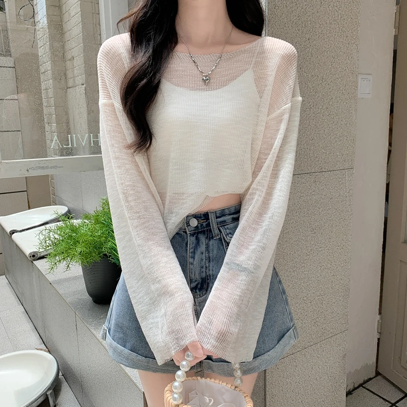 

Korean version versatile wide pine bamboo knot linen sun protection long sleeved solid color knitted top for women