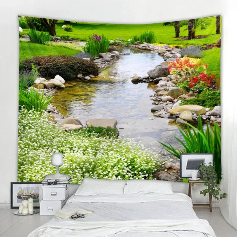 Bohemian Room Decor Natural Wall Hanging Mandala Garden Landscape Psychedelic Tapitz Hippie Bedroom Cloth Carpet