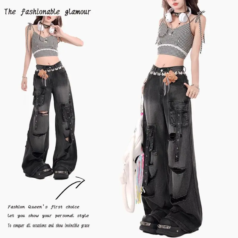 Black Multi-pocket Ripped Work Jeans for Women Summer 2025 New High-waisted American Design Wide-leg Pants