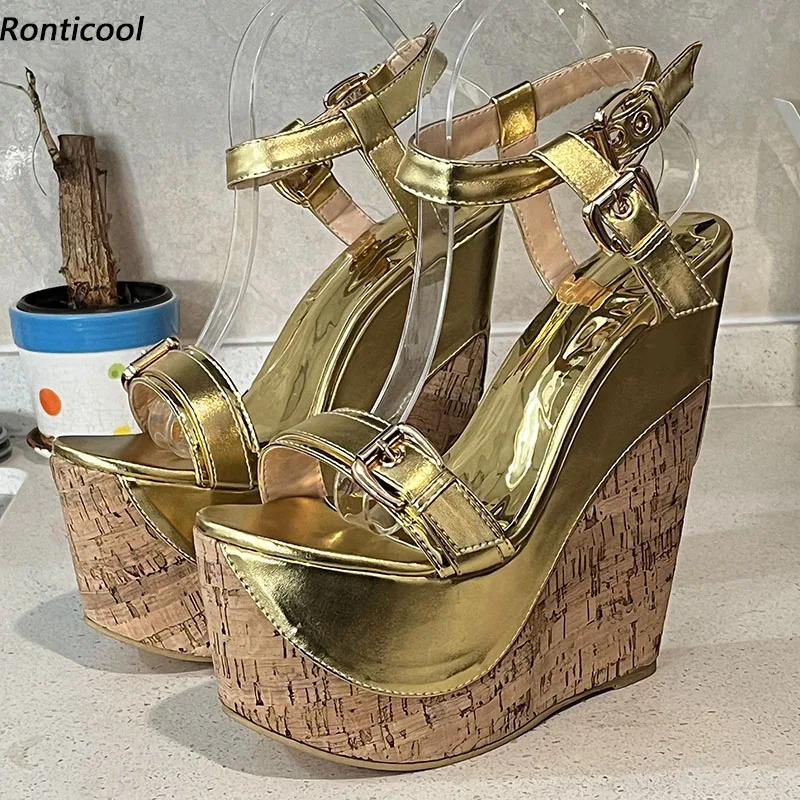 

Ronticool/женские летние босоножки на платформе, на танкетке, на высоком каблуке с круглым носком, красивая обувь для вечеринок золотого, серебряного цвета, женская обувь для вечеринок, размер США, большие размеры 4-15