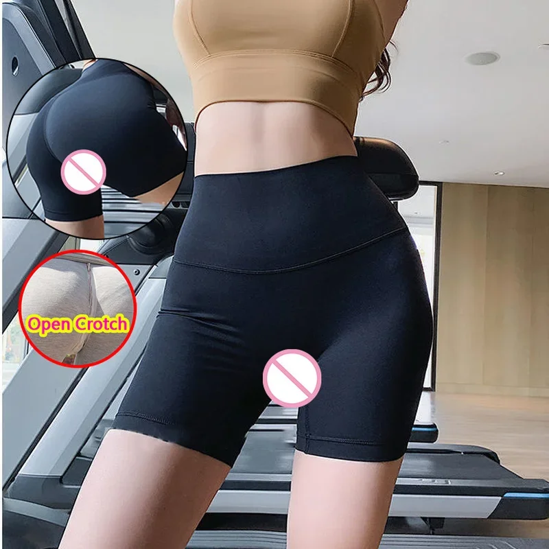 Woman Sexy Open Crotch Yoga Shorts Fitness Crotchless Hot Pants Casual Double Zipper Tight Clubwear Outdoor Sex Sport Costume