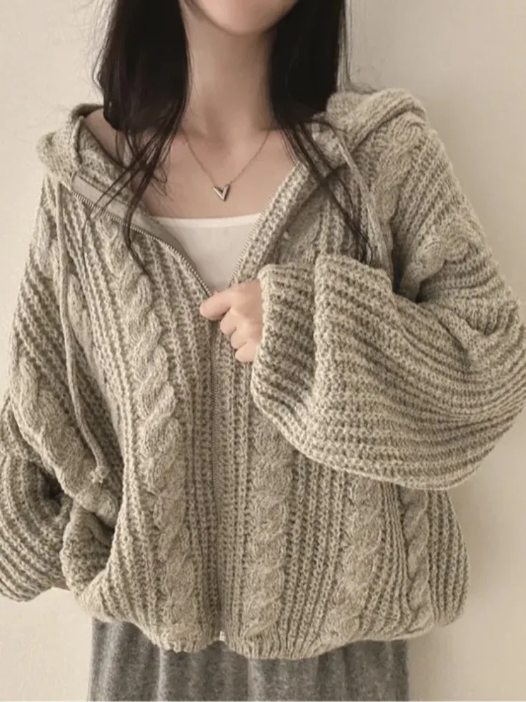

Retro Heavyweight Twist Zipper Hooded Long Sve Knitted Open Cardigan Lazy Sle Sweater Jaet Women Autumn Winter Faion