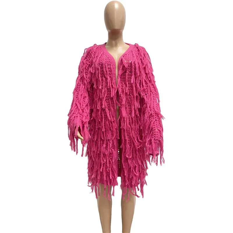 KEXU Tassel Fringe Cardigans Sweater 2024 Spring Women Clothing Long Sleeve Knitted Shaggy Fluffy Loose Casual Coat Outerwear