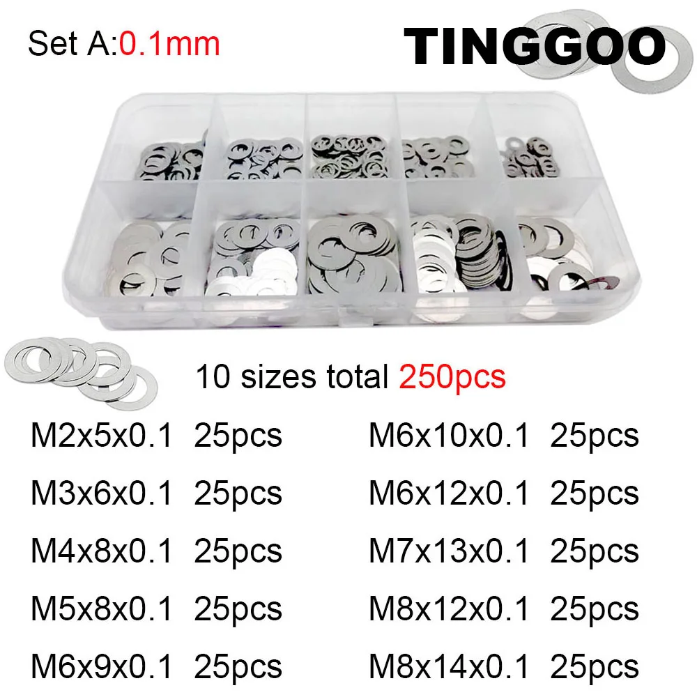 250x 0.1/0.2/0.3mm M2 M3 M4 M5 M6 M7 M8 304 Stainless Steel Ultra Thin Washer Set Adjusting Shim Plain Gasket Assortment Kit Box