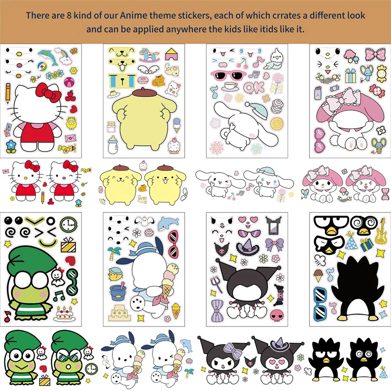 6-8pcs Hello Kitty Cinnamonroll Stickers Kids Creative Cartoon Anime Parent-child Interactive Decoration Face Change DIY Sticker