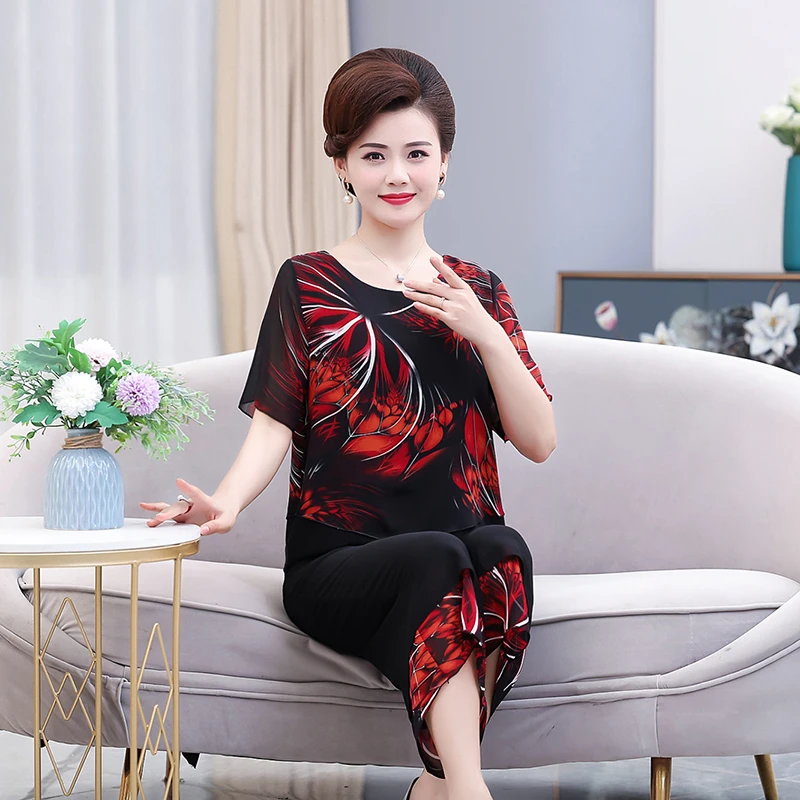 Women's Leaves Printed Two Pieces Suits Set Short- Sleeved top with Pants 2022 Summer Chiffon Fashion 2 piece set