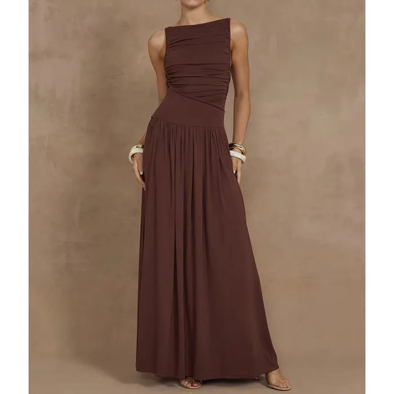 Elegant Sleeveless Maxi Dress For Women Fashion Solid Boat Neck Tank Dresses Ladies Sexy Ruched Long Dress New Gown