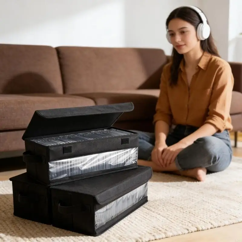 Portable Fabric Storage Box With Cover And Carry Handle Stores 30 disks Space Saving Design For Home And Office 