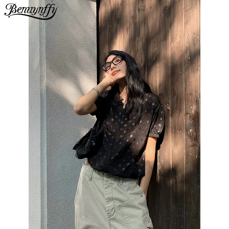 

Benuynffy Polka Dot Hooded Shirt for Women 2026 Summer New Puff Sleeve Sunscreen Jacket Streetwear Female Short Zip Up Top