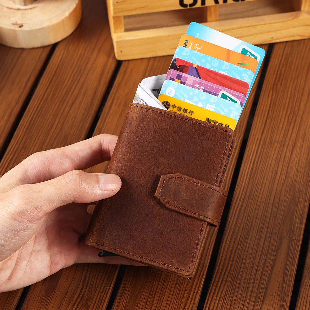 

2025 RFID Men Card Wallets Hasp Pop Up Small Card Wallets Genuine Leather Slim Mini Men's Wallet High Qaulity Short Male Purses