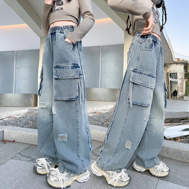 

Джинсы-карго для девочек с рваными элементами и карманами, в уличном стиле, для подростков