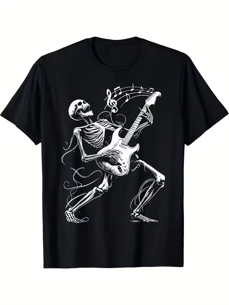 2026 Rock Band Skeleton Guitarist Graphic T-Shirt Music Tee with Electric Guitar & Stage Design Loose Fit