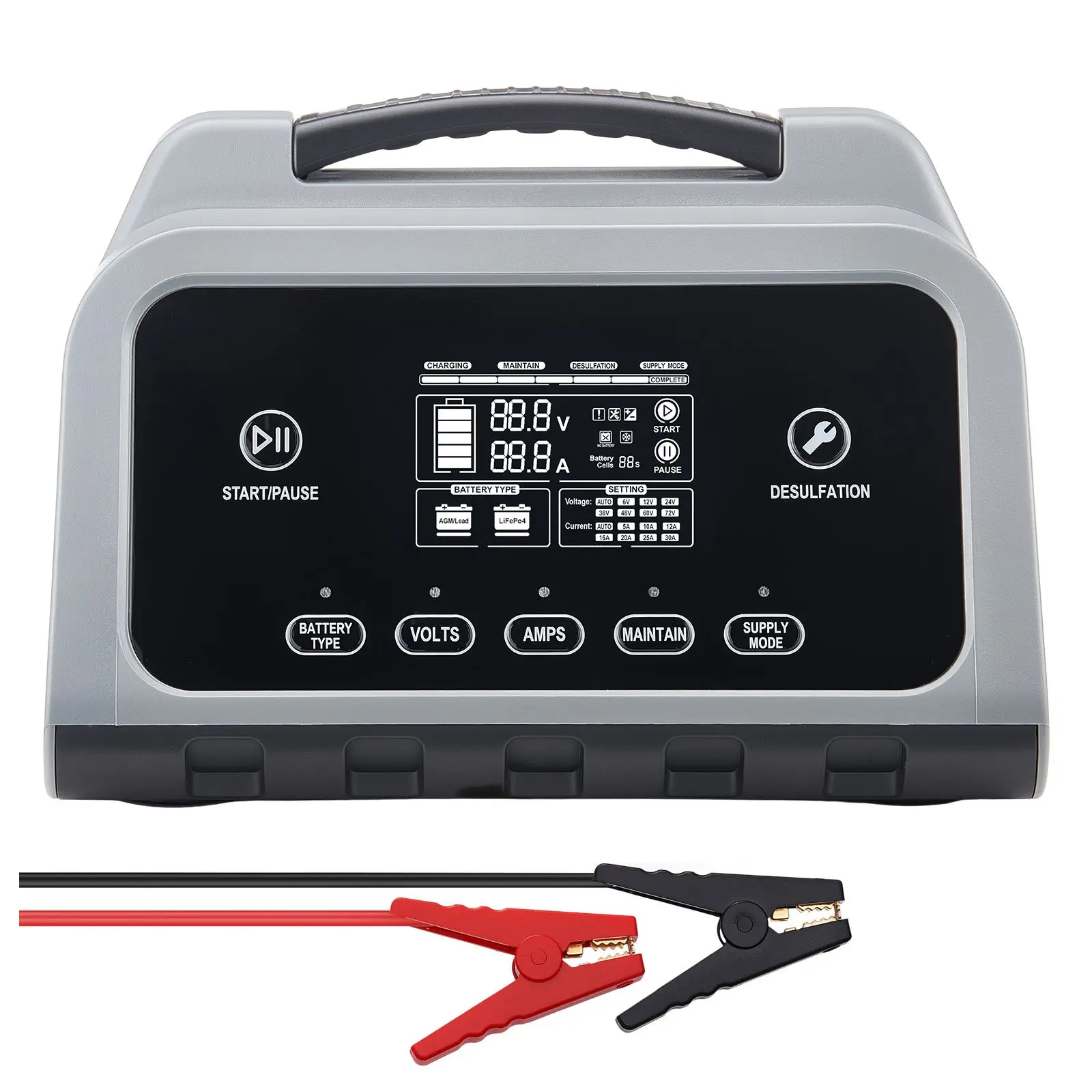 Smart Battery Charger, 12A, 6V 12V 24V 36V 48V Lithium LiFePO4 Lead-Acid (Gel / AGM) Car, with LCD Display, Trickle Charging