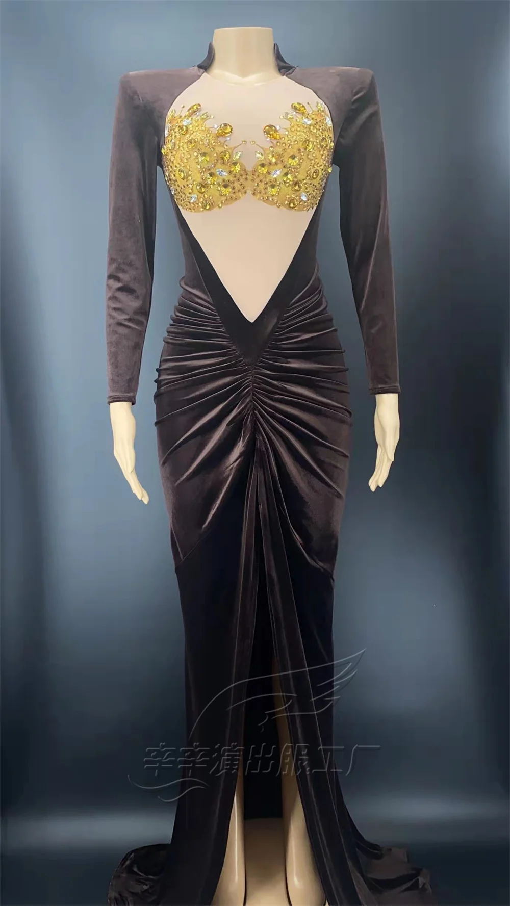 Female Singer Rhinestone Stitching Velvet bag Hip Long Dress Party Stage Show Performance Evening Dress