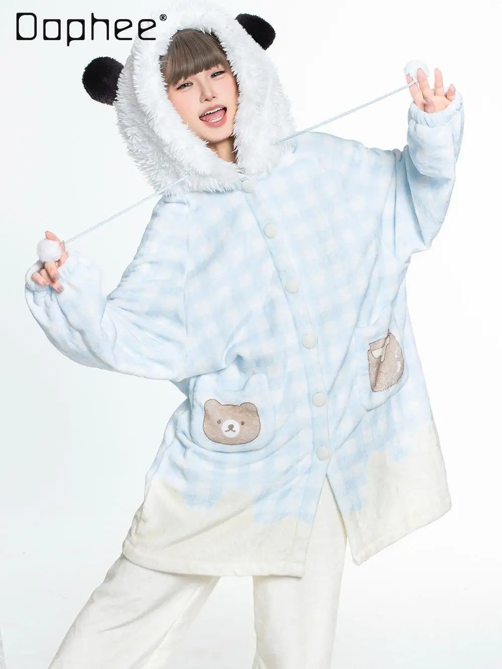 Blue Plaid Nightgowns Cartoon Hooded Women Winter Warm Long Sleeve Single-breasted Loose Cute Bear Pajama Sets Homewear