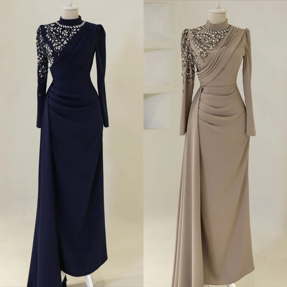Customized Formal Charmeuse Pleat Sequined Straight Jewel Long Dresses Bespoke Occasion Cocktail High Quality Exquisite