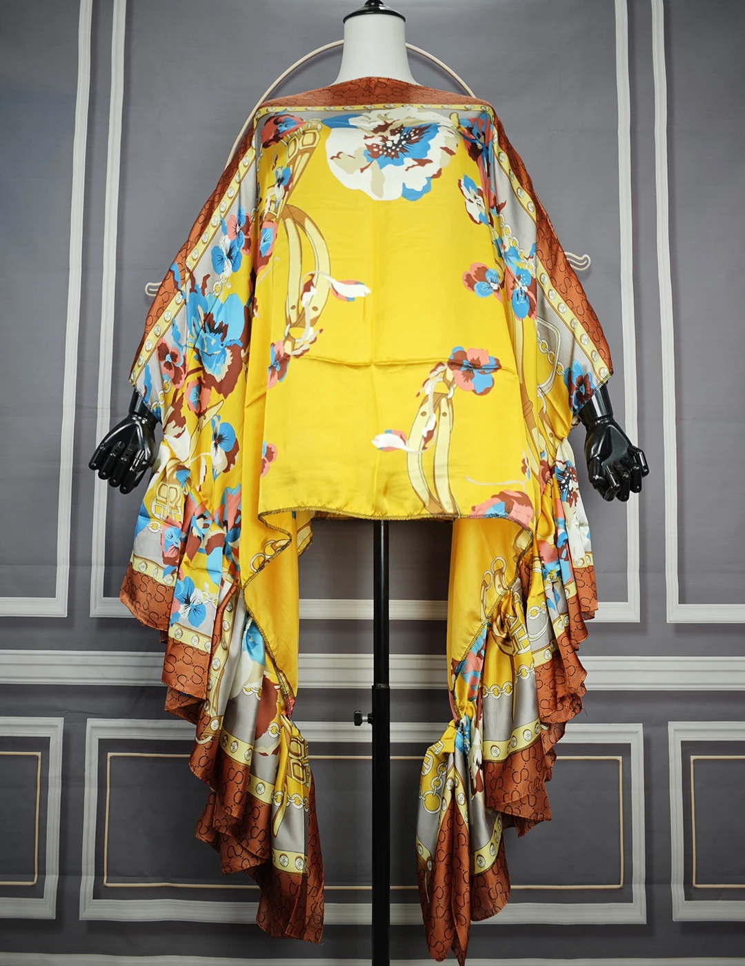 Kuwait Fashion Boho Printedone-Schouder Pofmouwen Zijden Bedrukte Kaftan Blouse Oversized Kuwait Blogger Populaire Losse Topjurk