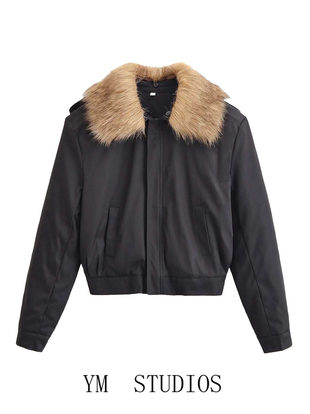 

American Sle Retro Detachable Large Fur Collar ort Cotton Jaet Bla Casual Women's Clothing Street Sle Straight Tube