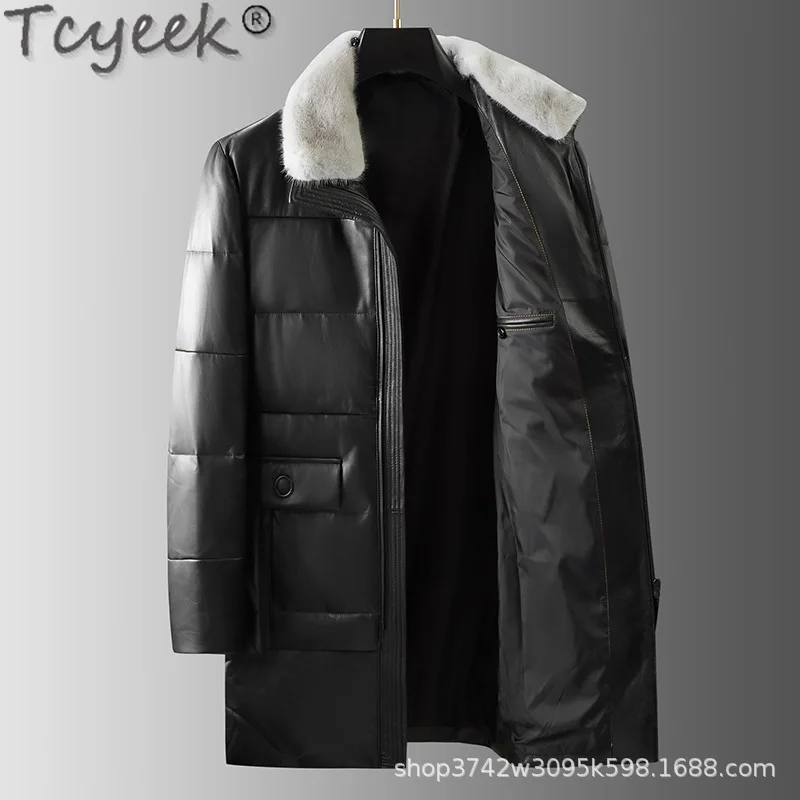 Tcyeek Winter Genuine Leather Man Jackets 2025 Warm Mink Fur Collar Real Sheepskin Coat Mid-length Down Jacket Men Jaqueta Couro