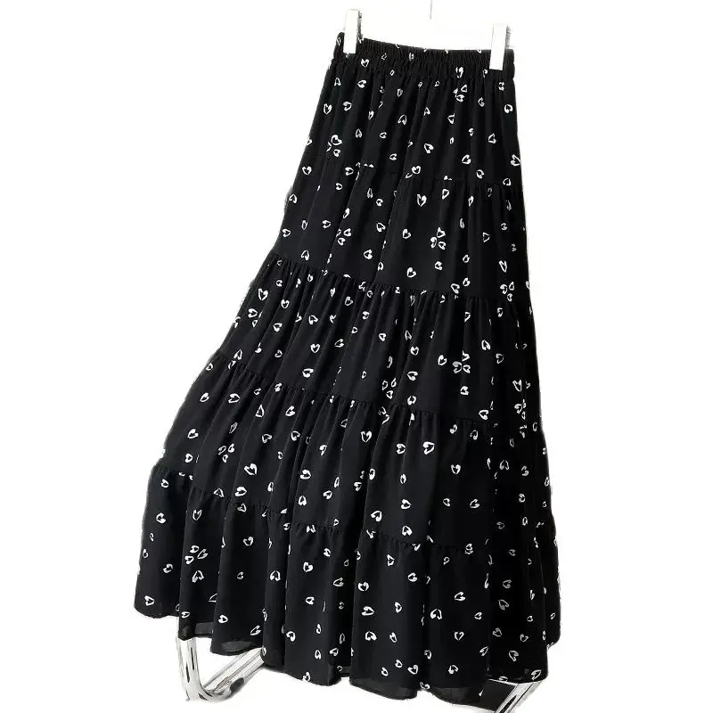 

2024 New,Retro Dance Floral Skirt, For Women Clothing ,Spring Summer Elastic High Waist Slim Print A-line Chiffon Skirts ,AC227