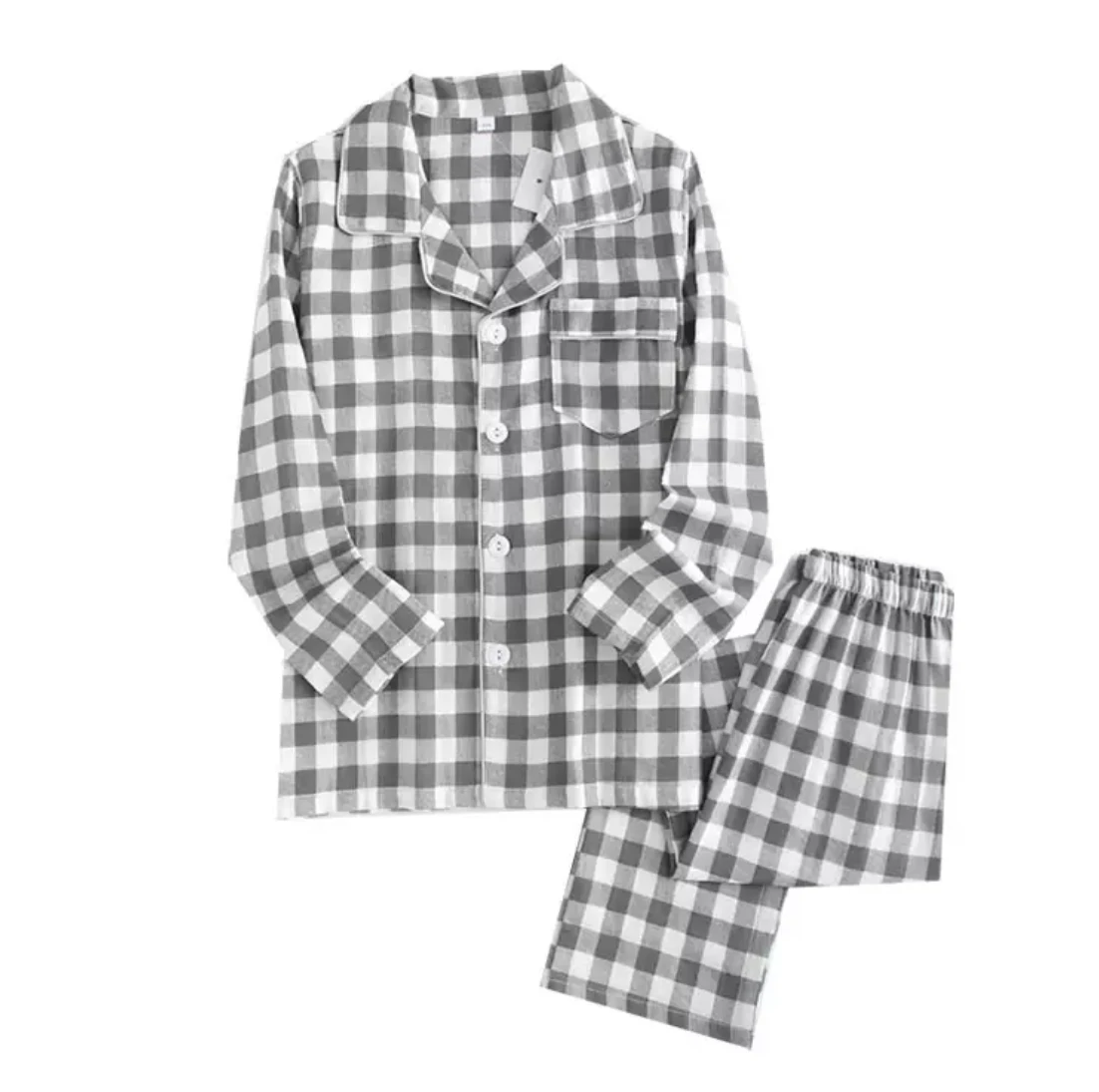 Simple couple pajamas set summer autumn new gauze men and women suit plaid Japanese fresh couple parent-child home clothes