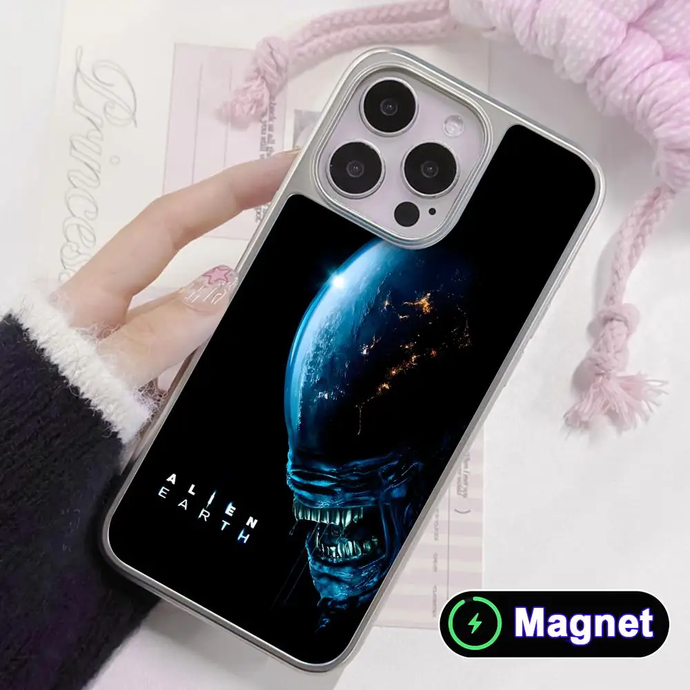 

Alien Earth Phone Case for iPhone 17 16 15 14 13 12 11 Air Pro Max Plus Electroplated Silver Magnet Cover
