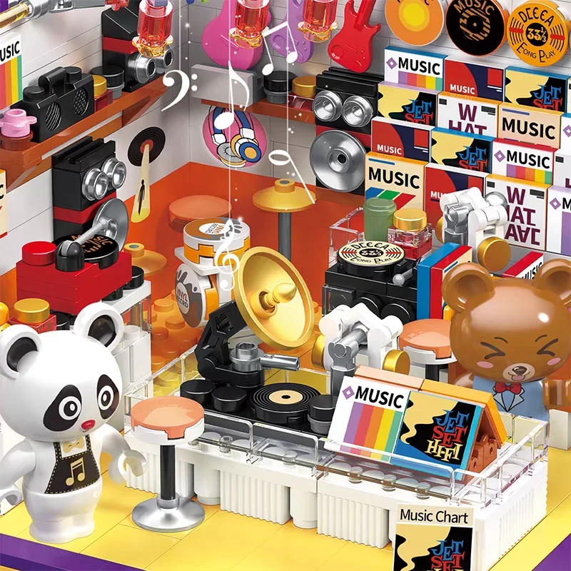 漫画風クマのレコード店ビルディングブロックセット、都市ストリートビューDIYサロン、コーヒーショップ、モダンシーンモデル、マイクロブリックおもちゃギフト